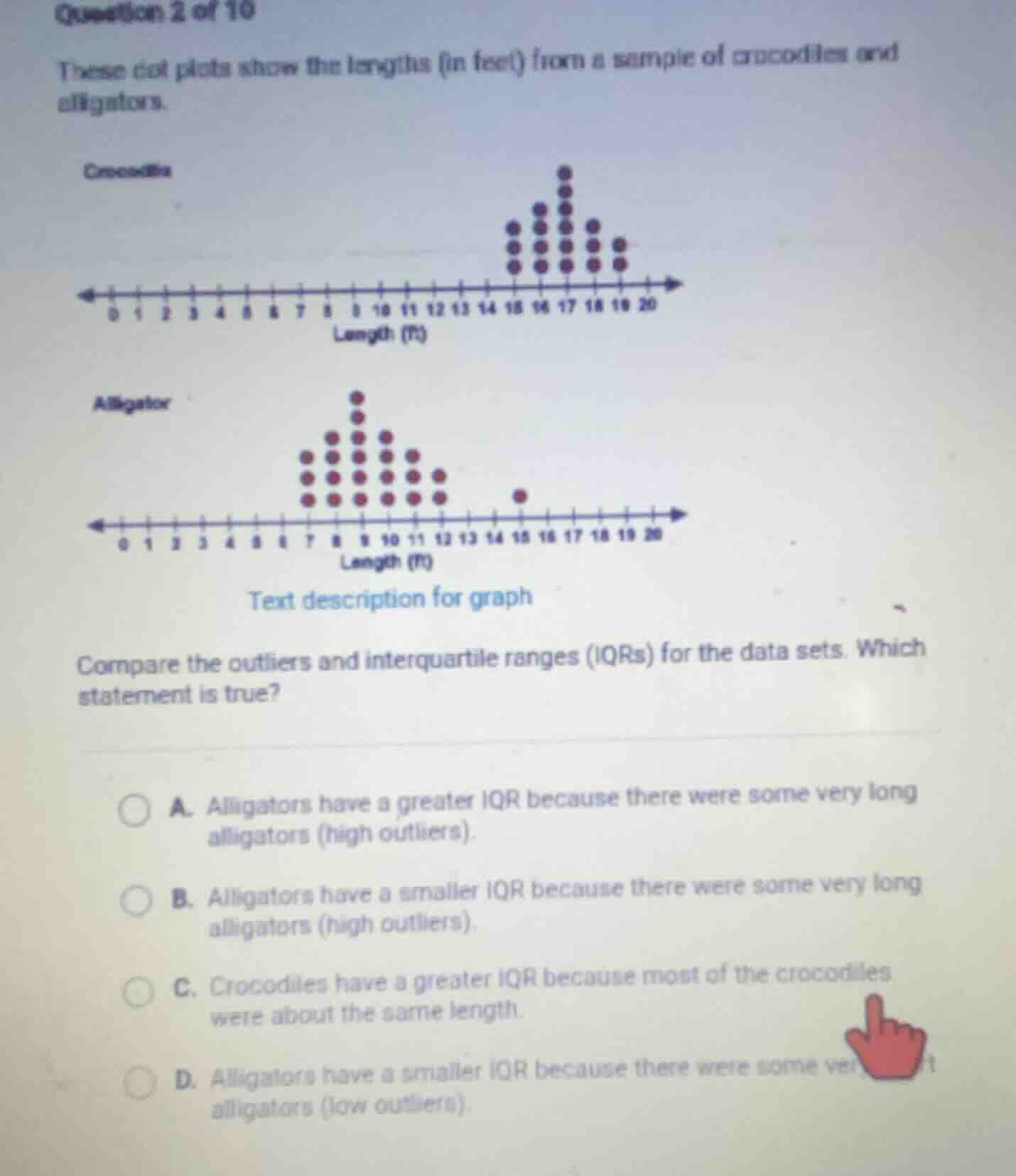 question 2 of 10 these dot plots show the lengths (in feet) from a samp…
