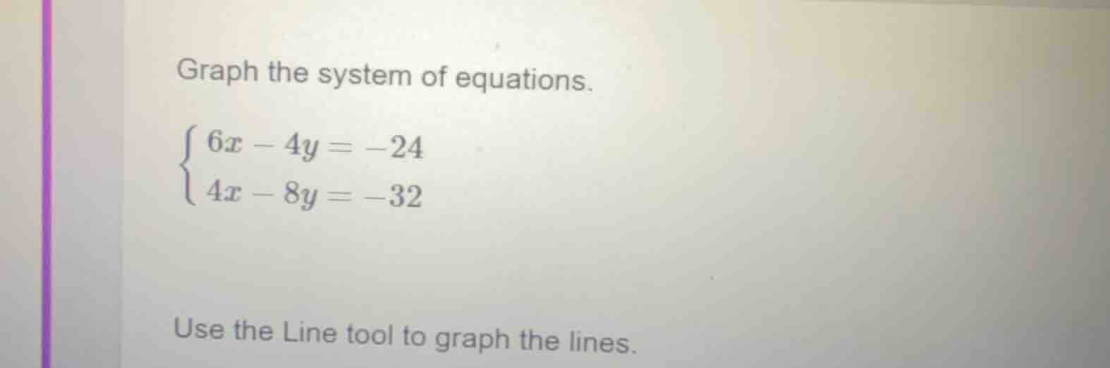 graph the system of equations.\\begin{cases}6x - 4y = -24\\\\4x - 8y = …