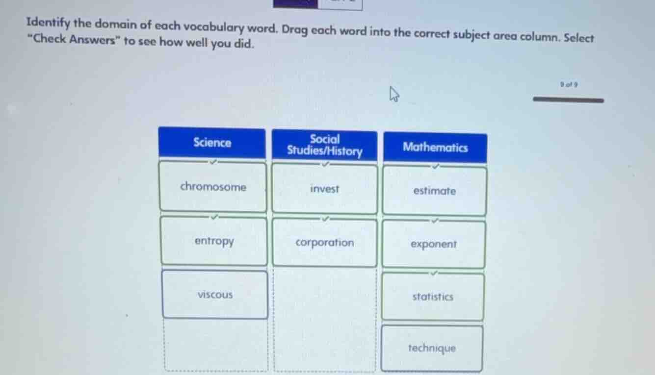 identify the domain of each vocabulary word. drag each word into the co…