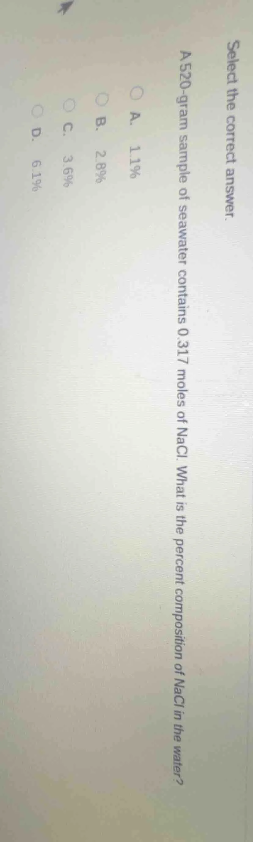 select the correct answer. a 520 - gram sample of seawater contains 0.3…