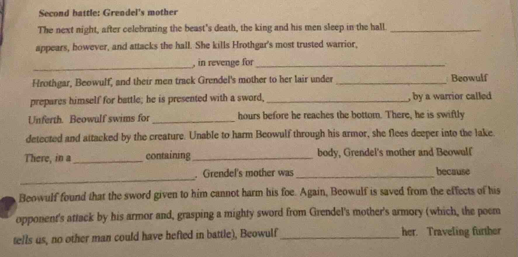 second battle: grendel’s mother the next night, after celebrating the b…