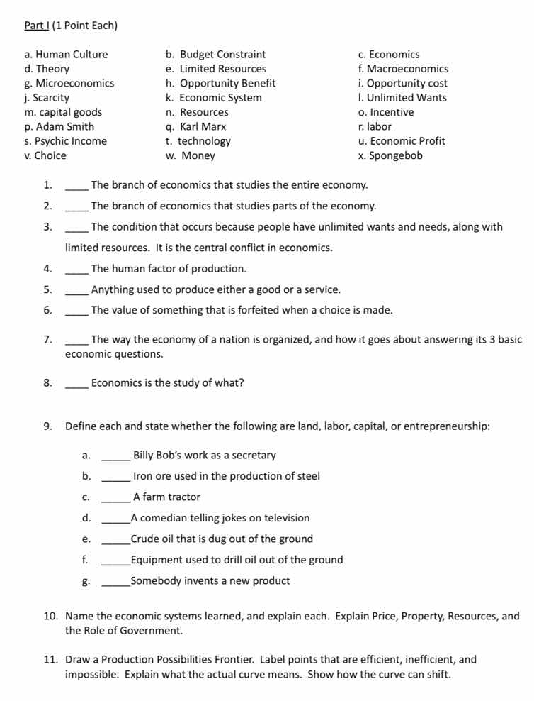 part i (1 point each) a. human culture b. budget constraint c. economic…