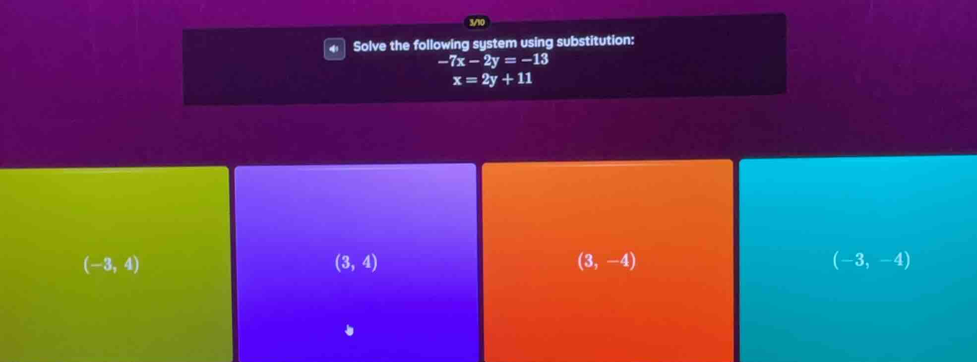 solve the following system using substitution: -7x - 2y = -13; x = 2y +…