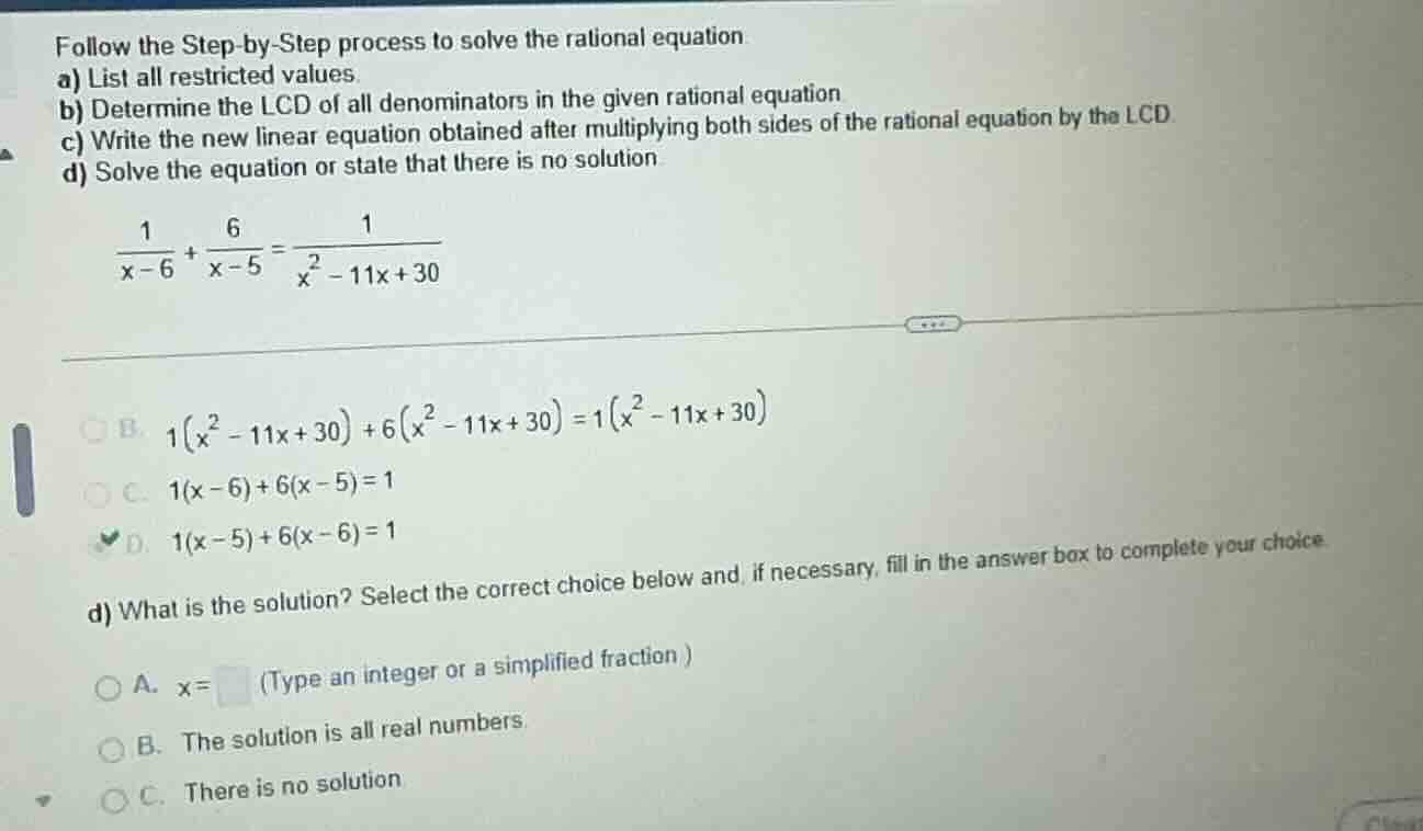 follow the step - by - step process to solve the rational equation a) l…