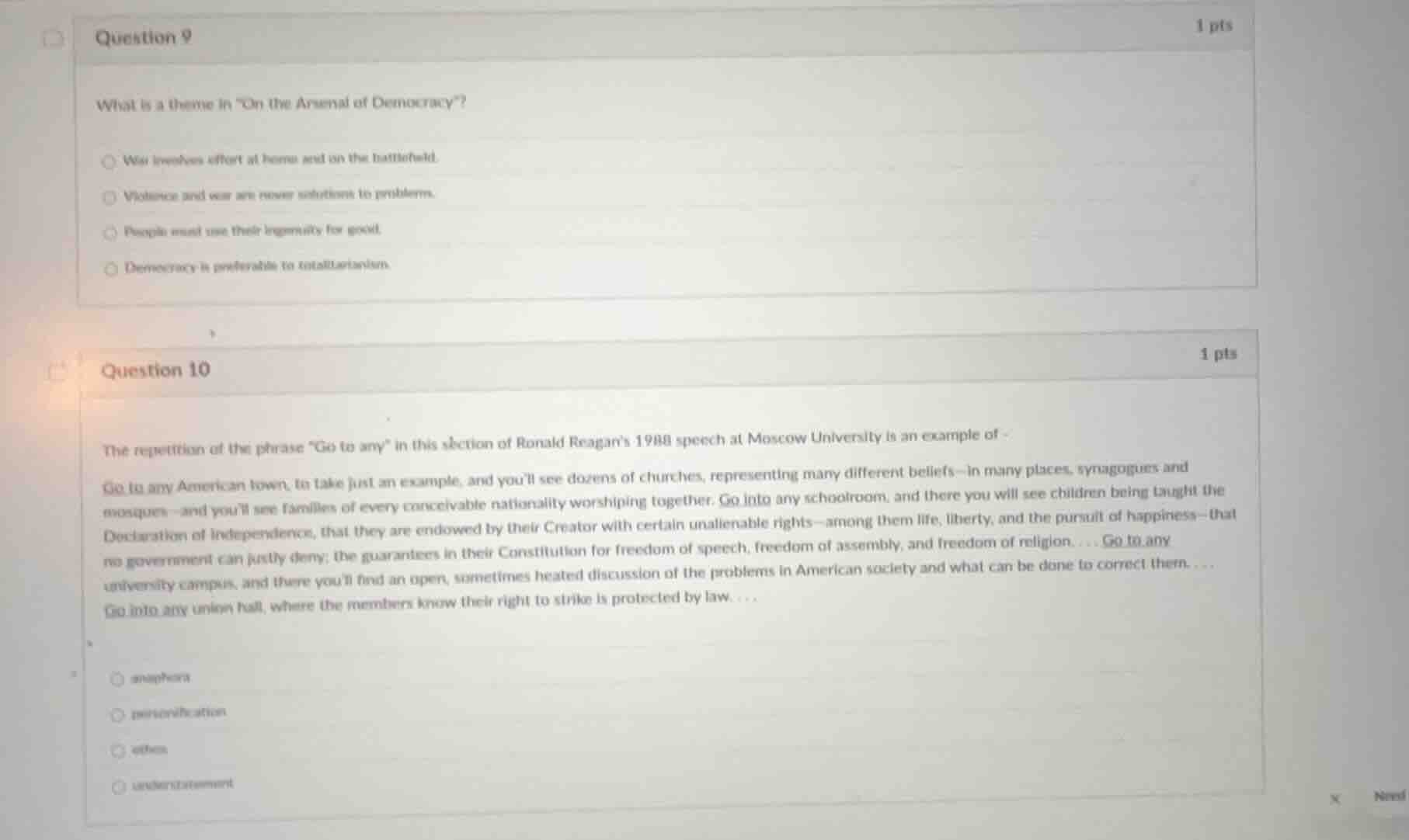 question 9 what is a theme in \on the arsenal of democracy\? - war invo…