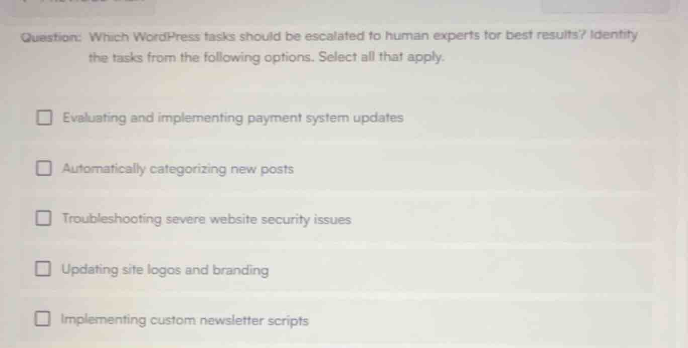 question: which wordpress tasks should be escalated to human experts fo…
