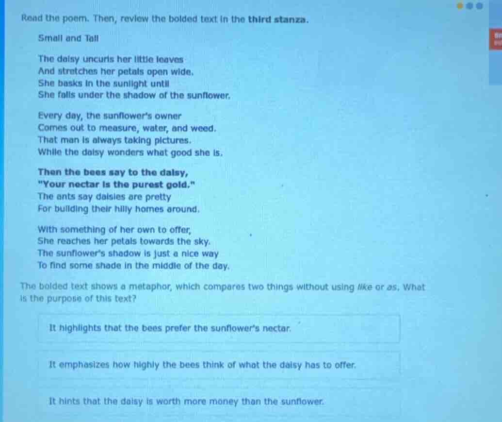 read the poem. then, review the bolded text in the third stanza. small …