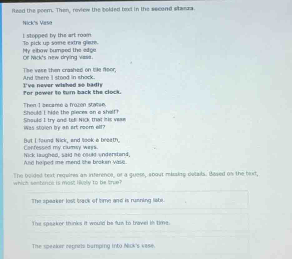read the poem. then, review the bolded text in the second stanza. nick’…