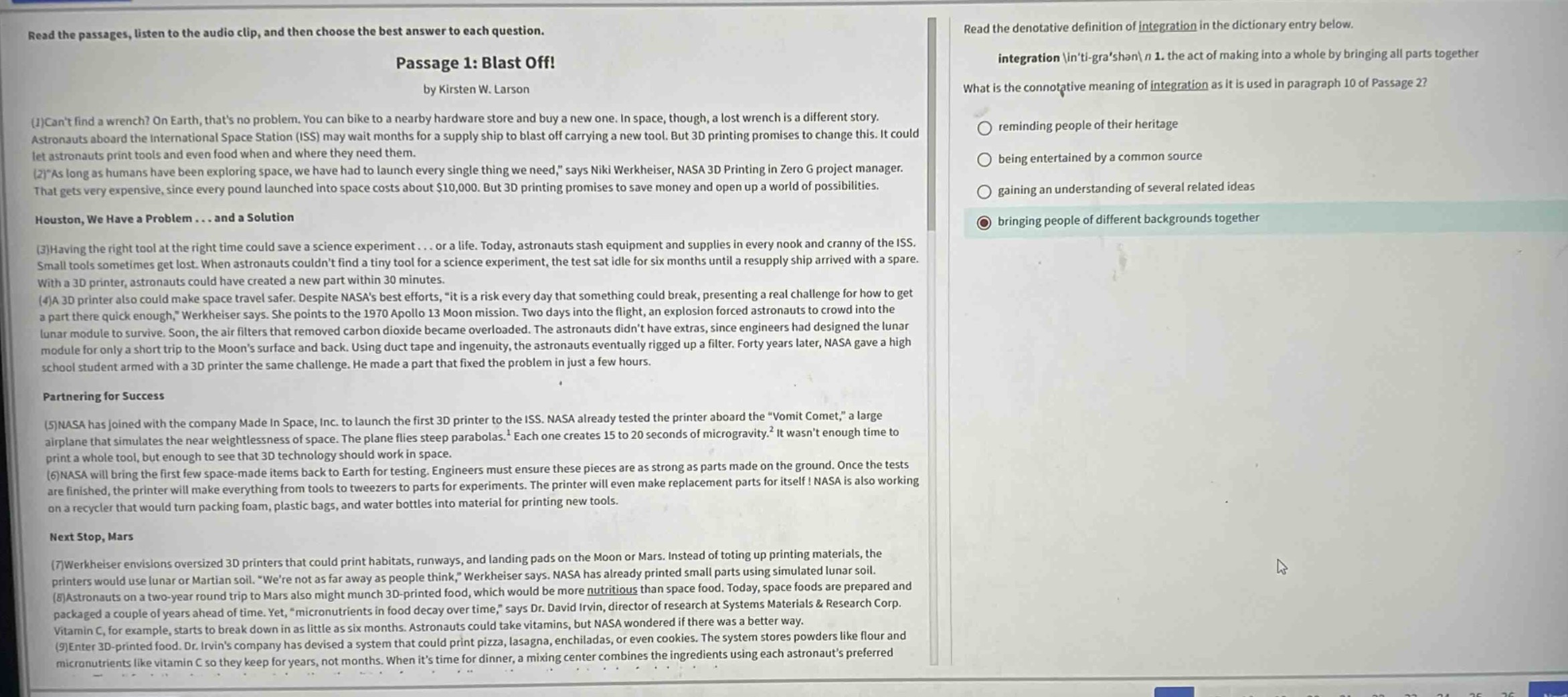 read the passages, listen to the audio clip, and then choose the best a…