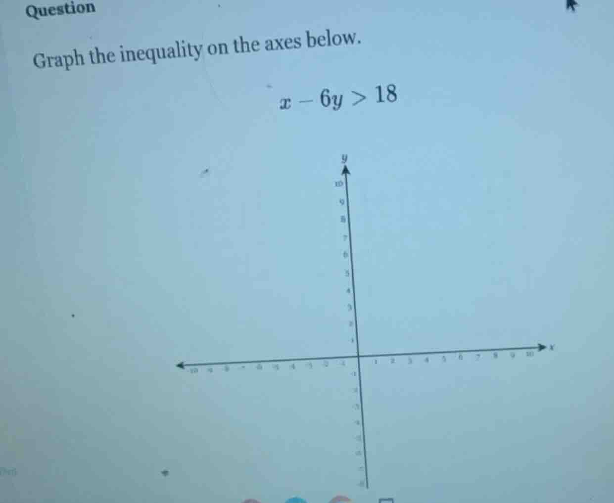 question graph the inequality on the axes below. $x - 6y > 18$