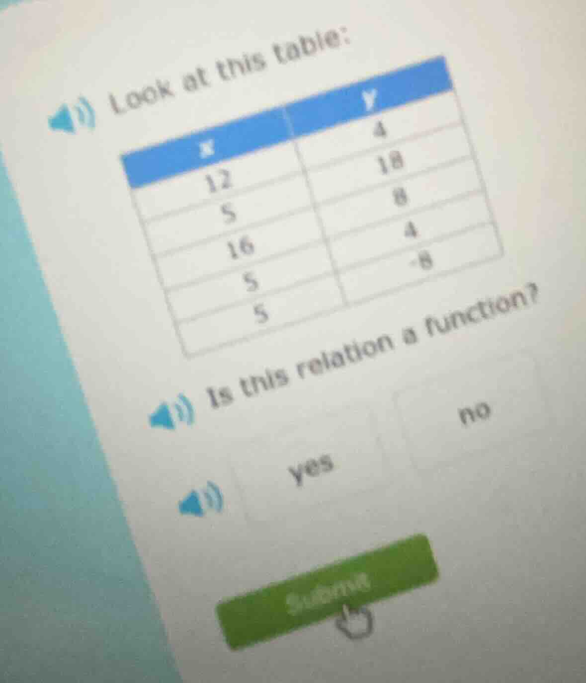 look at this table: x | y 12 | 4 5 | 18 16 | 8 5 | 4 5 | -8 is this rel…