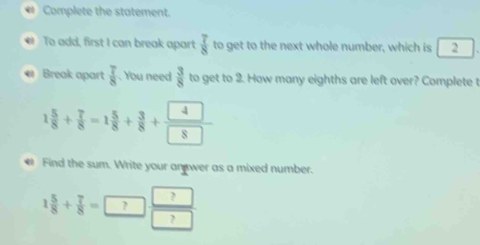 complete the statement. to add, first i can break apart \\(\\frac{7}{8}…