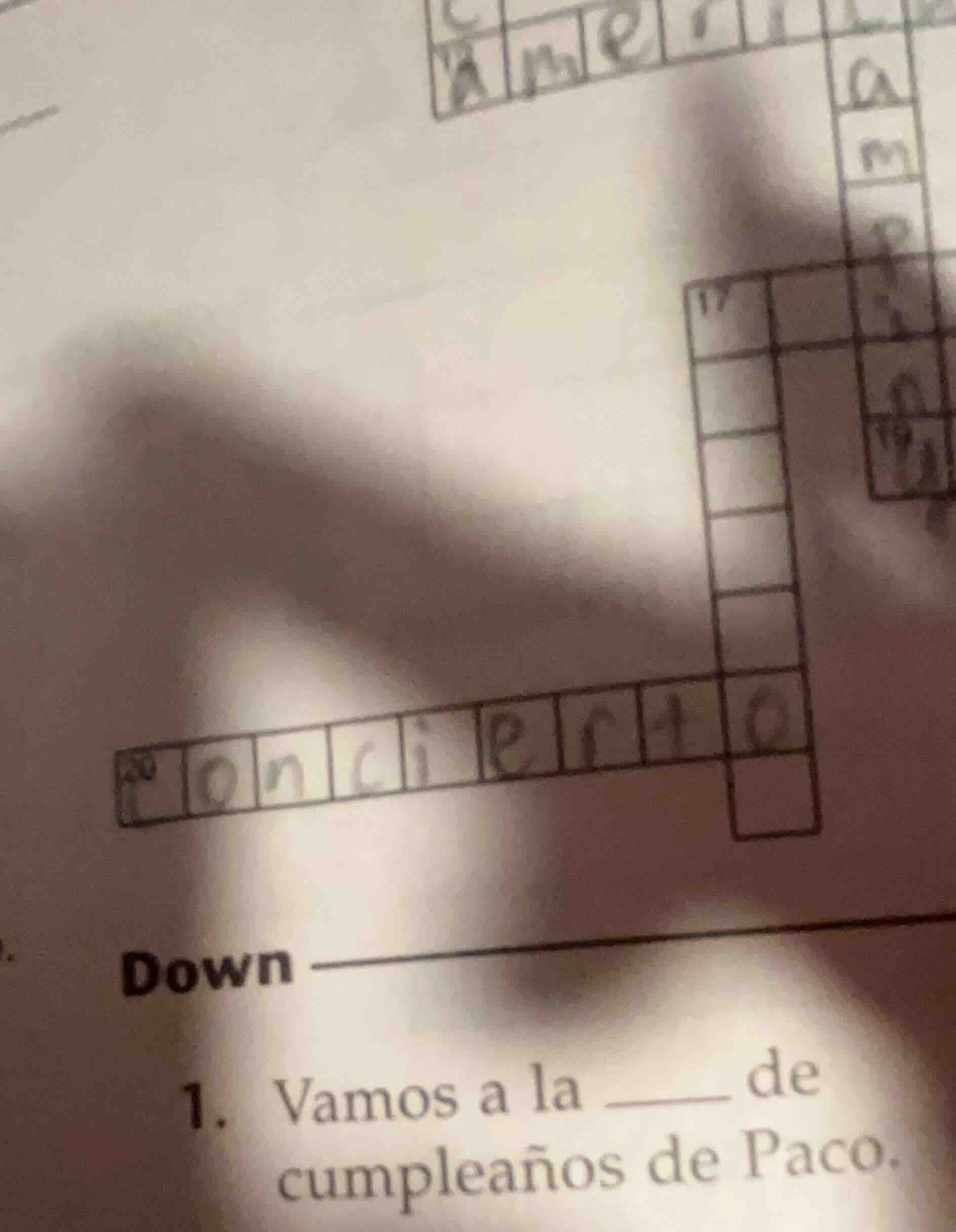 down 1. vamos a la ____ de cumpleaños de paco.