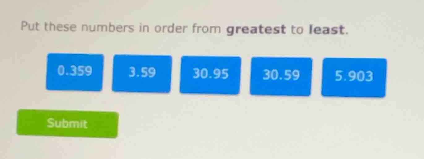 put these numbers in order from greatest to least. 0.359 3.59 30.95 30.…