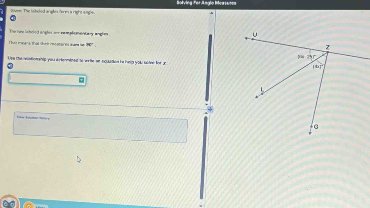 solving for angle measures given: the labeled angles form a right angle…