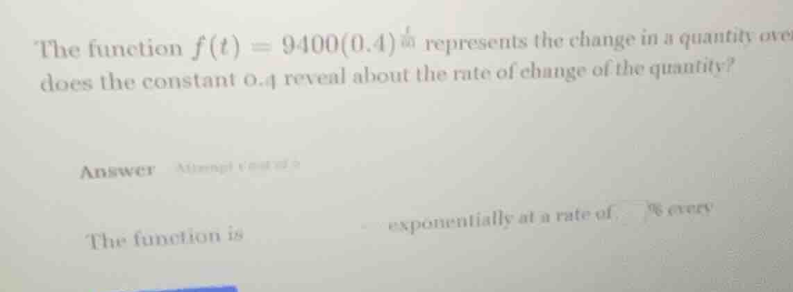 the function $f(t) = 9400(0.4)^{\frac{t}{30}}$ represents the change in…