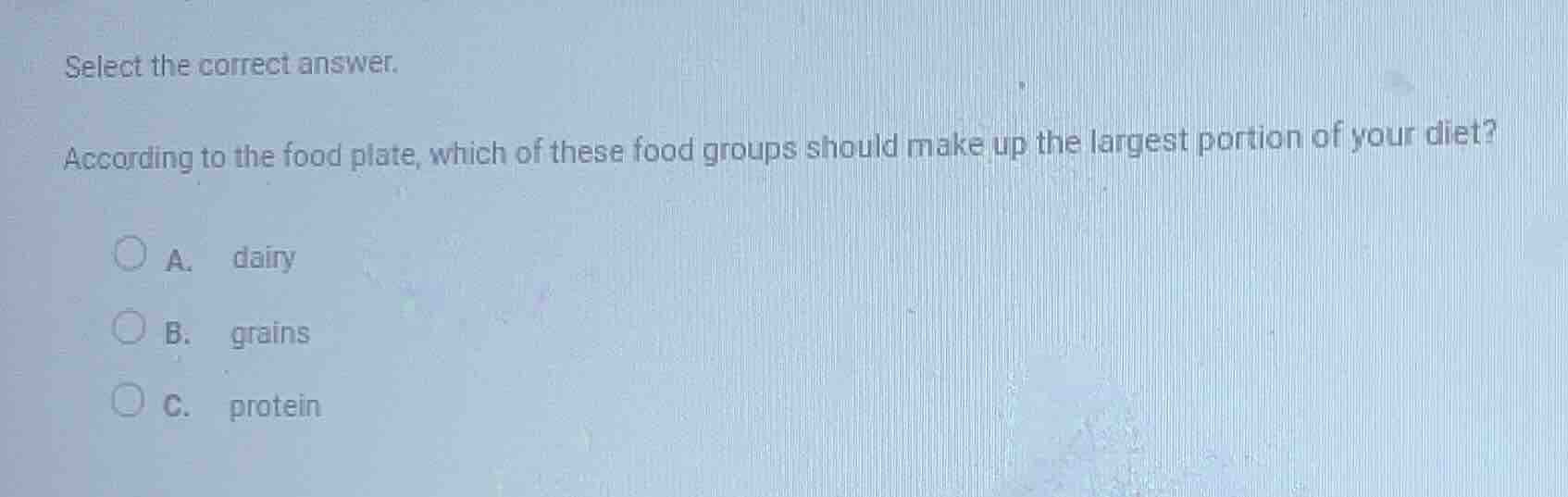 select the correct answer. according to the food plate, which of these …