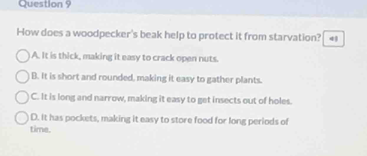 question 9 how does a woodpecker’s beak help to protect it from starvat…