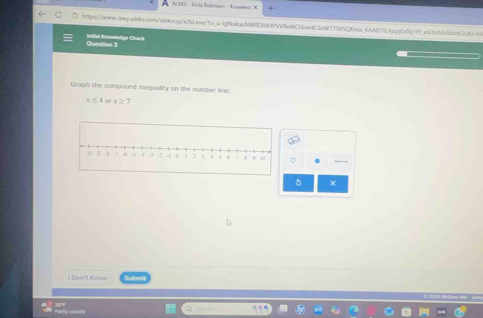 graph the compound inequality on the number line. x ≤ 4 or x ≥ 7