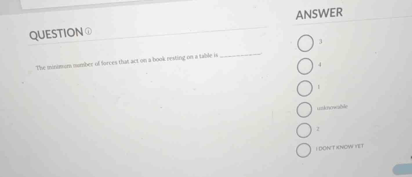 question ① the minimum number of forces that act on a book resting on a…