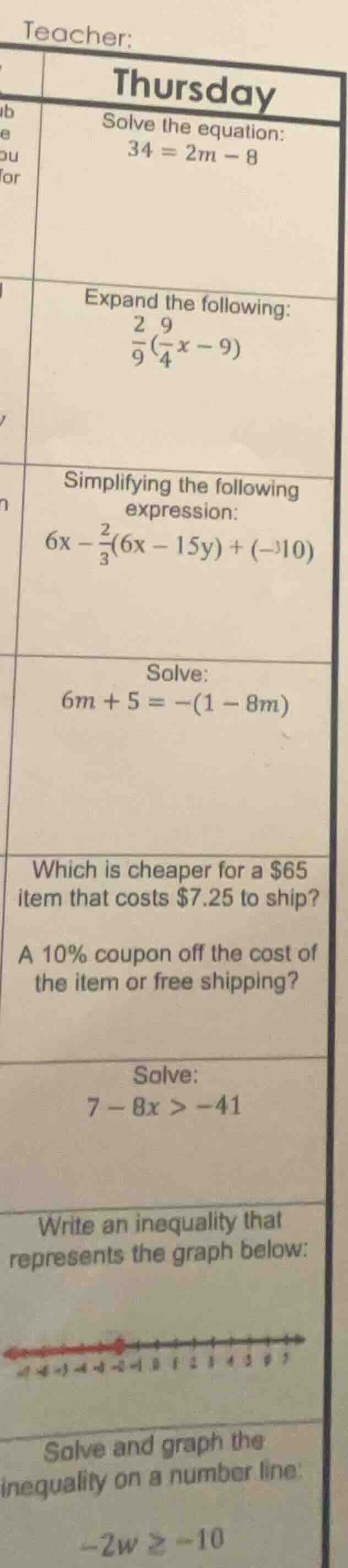 teacher: thursday solve the equation: $34 = 2m - 8$ expand the followin…