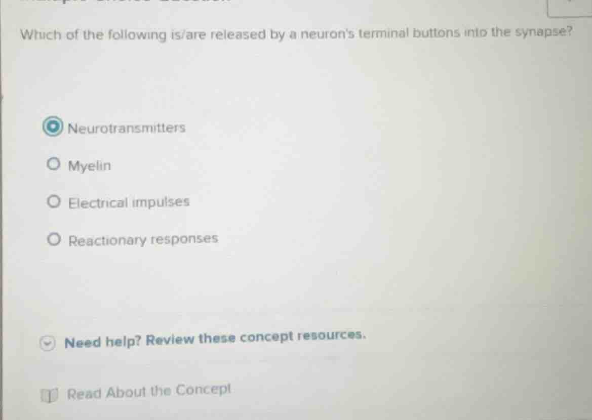 which of the following is/are released by a neurons terminal buttons in…