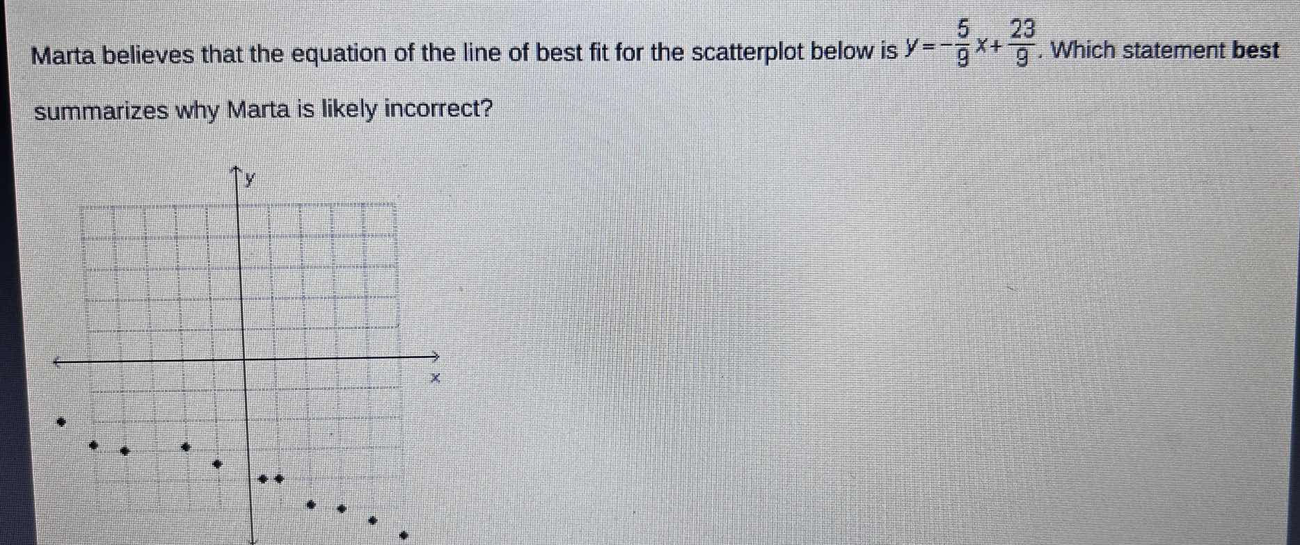marta believes that the equation of the line of best fit for the scatte…