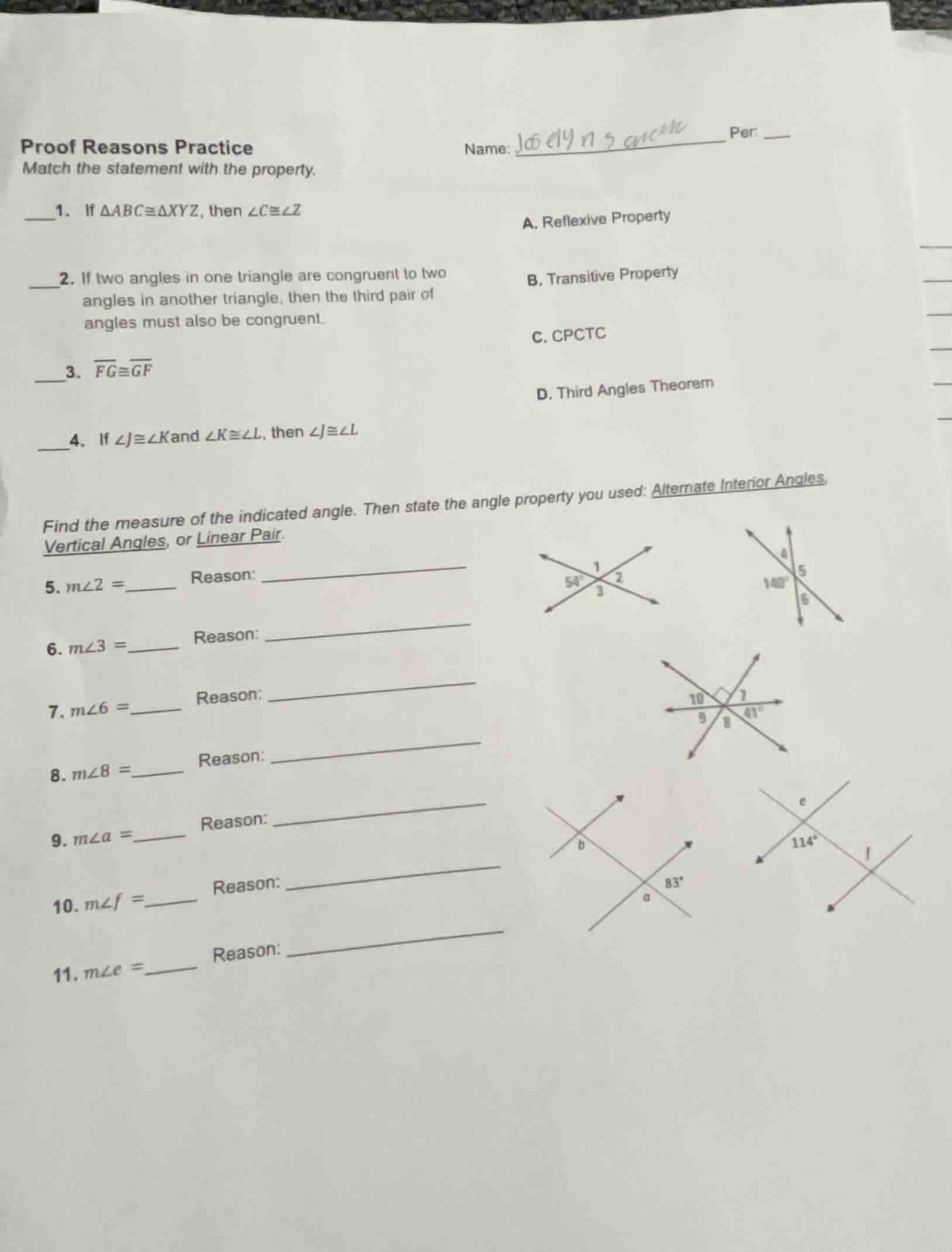 proof reasons practice match the statement with the property. 1. if $\\…