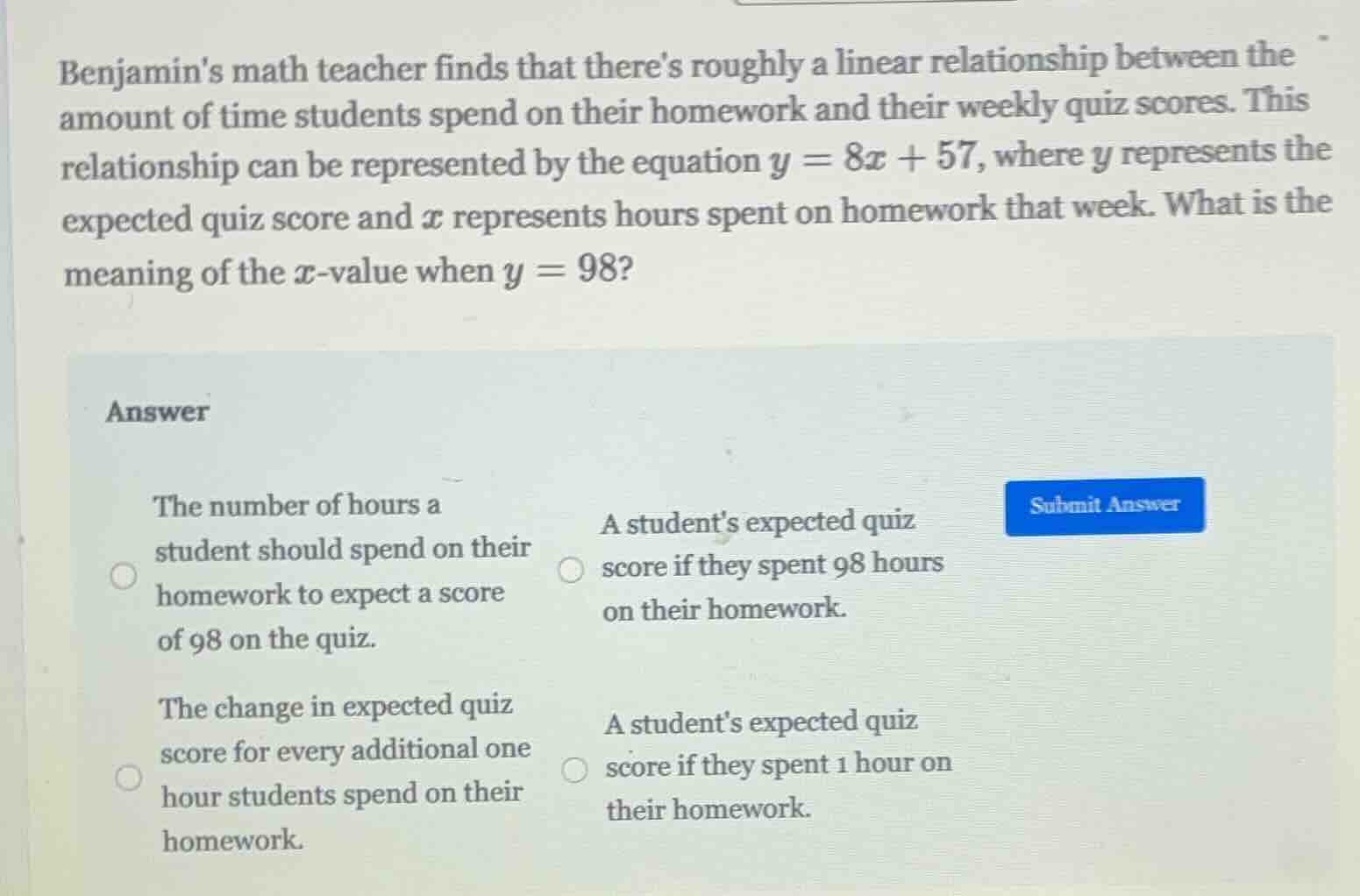 benjamins math teacher finds that theres roughly a linear relationship …