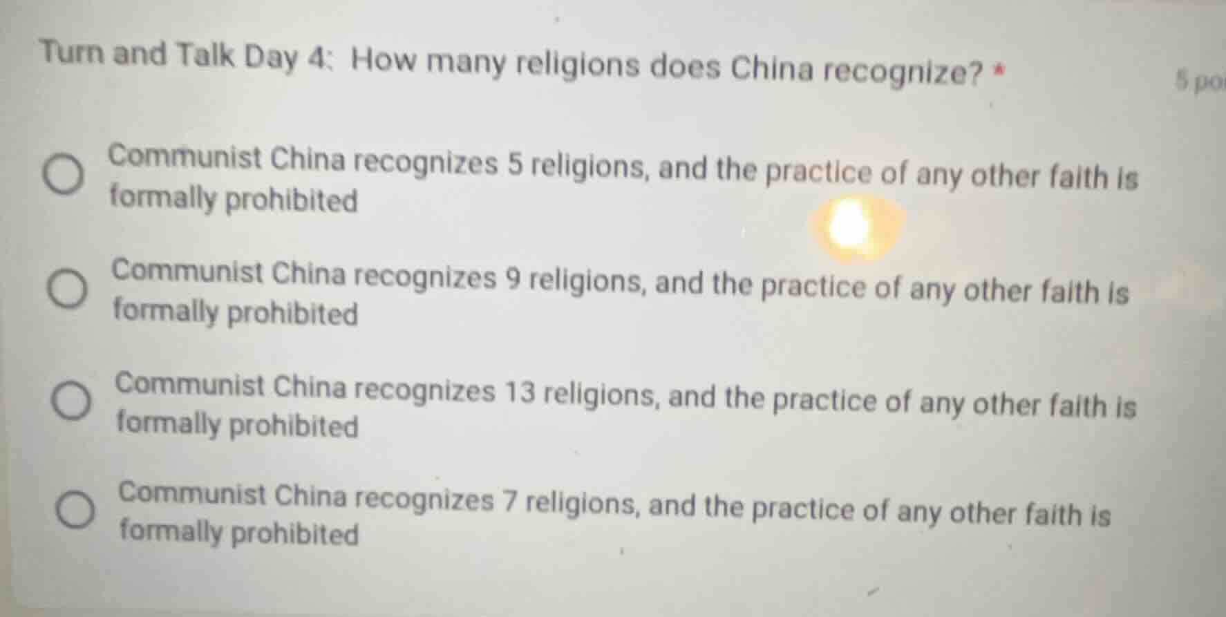 turn and talk day 4: how many religions does china recognize? * communi…