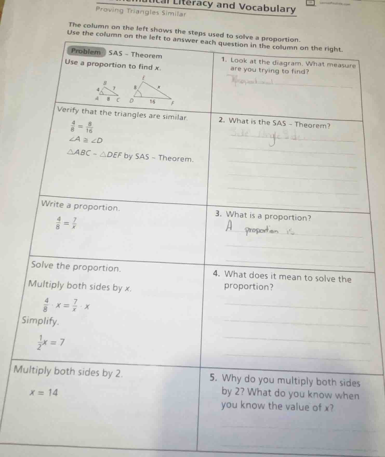 literacy and vocabulary proving triangles similar the column on the lef…