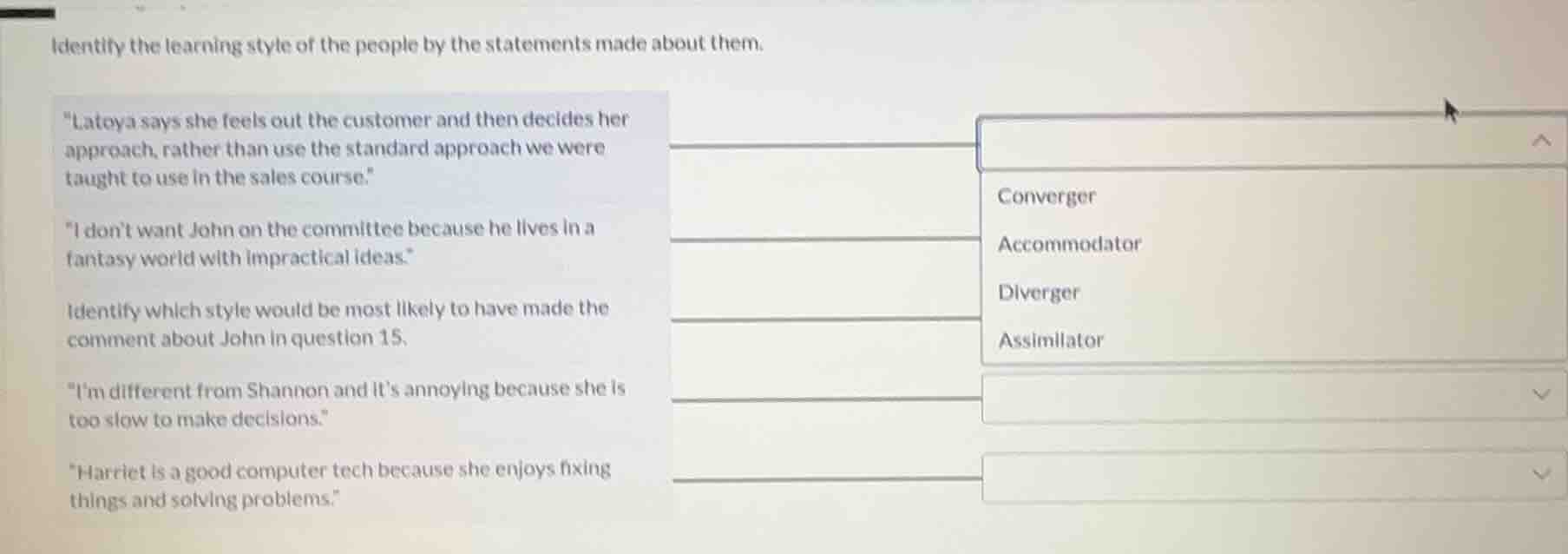 identify the learning style of the people by the statements made about …