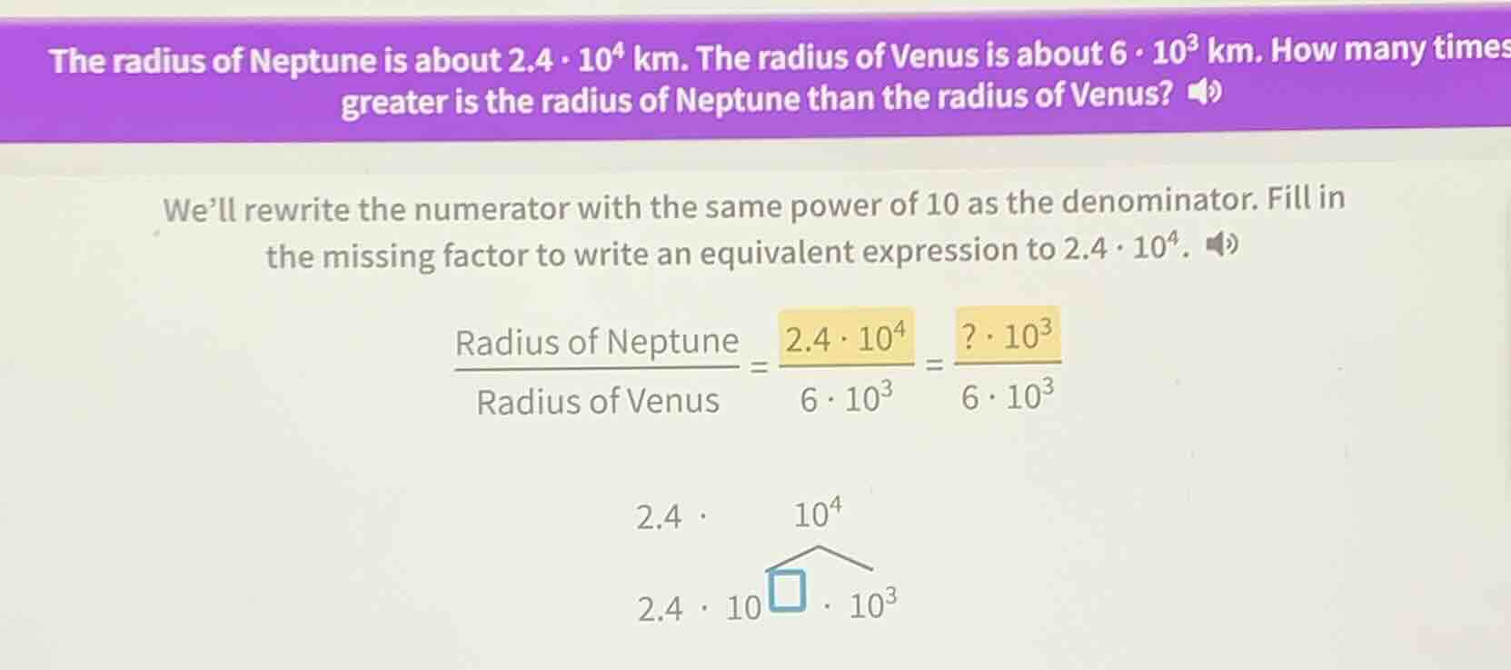 the radius of neptune is about $2.4 \\cdot 10^4$ km. the radius of venu…
