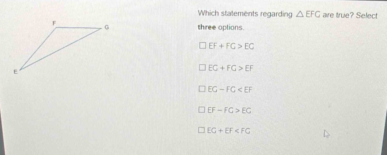 which statements regarding $\\triangle efg$ are true? select three opti…