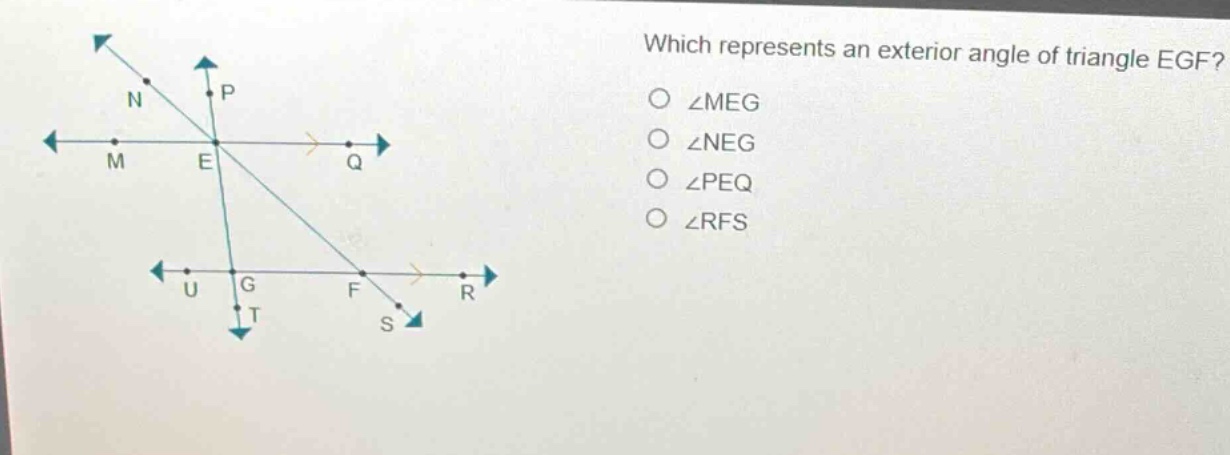 which represents an exterior angle of triangle egf? ○ ∠meg ○ ∠neg ○ ∠pe…