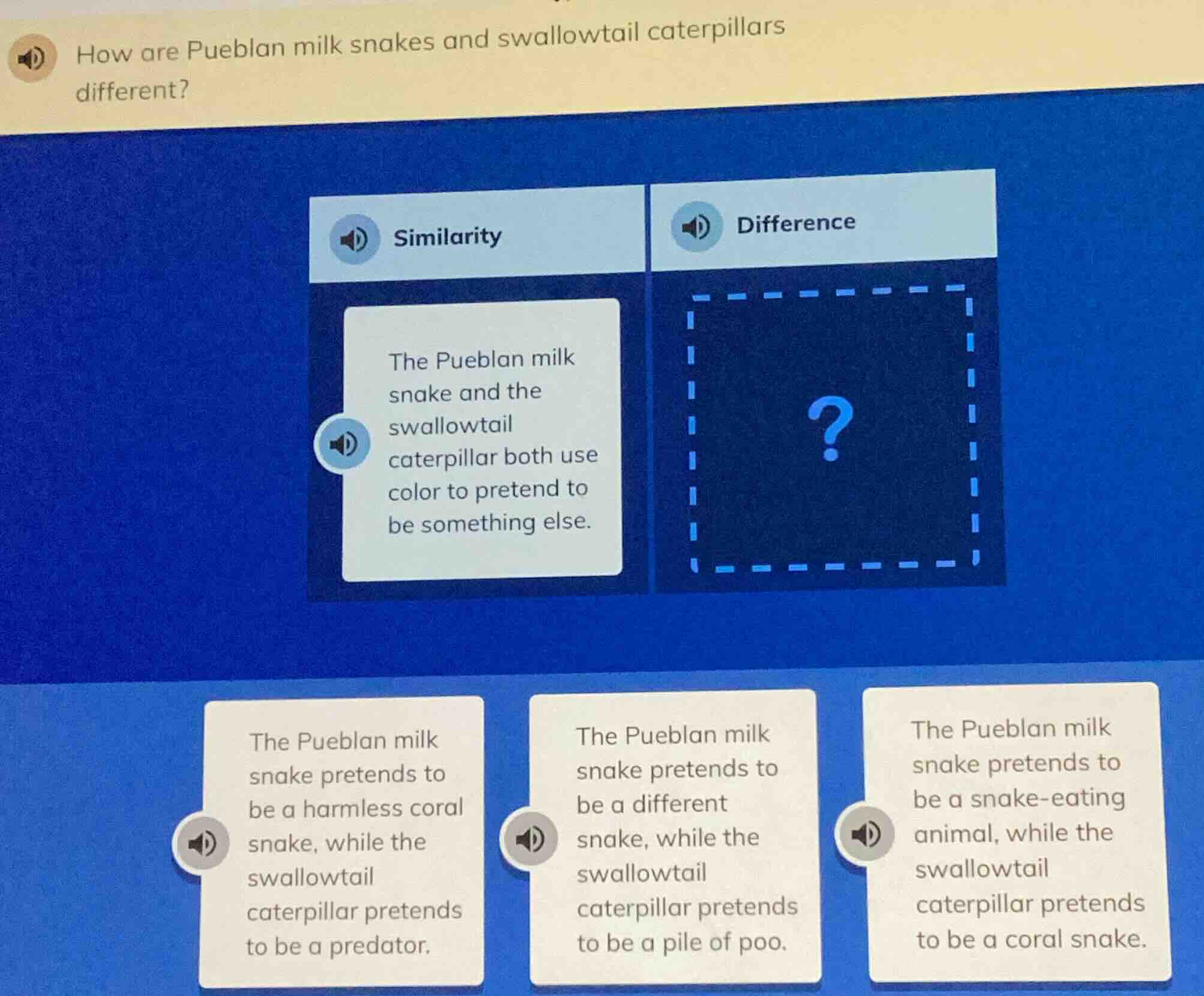 how are pueblan milk snakes and swallowtail caterpillars different? sim…