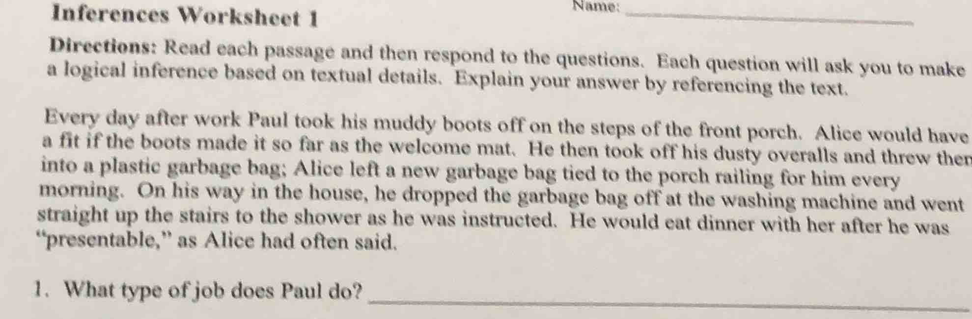 inferences worksheet 1 name: directions: read each passage and then res…