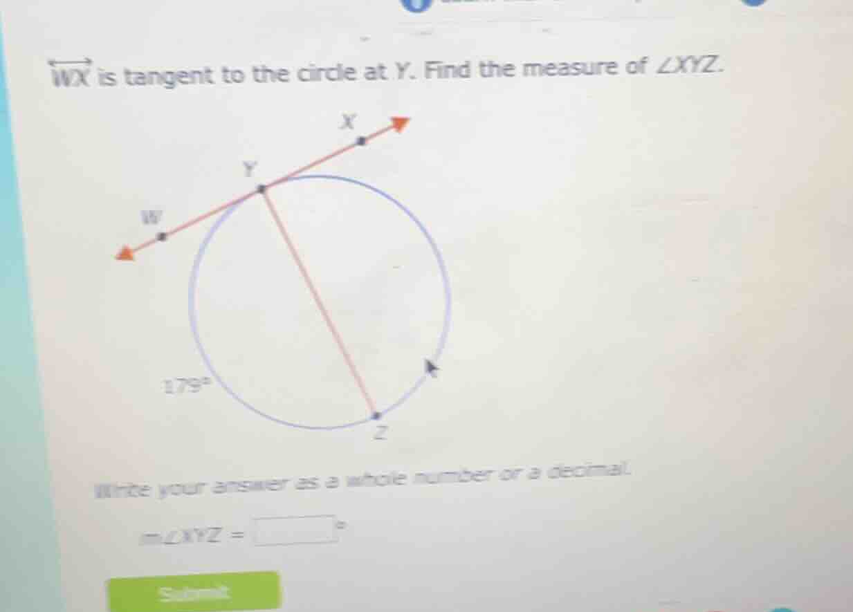 $\\overleftrightarrow{wx}$ is tangent to the circle at $y$. find the me…