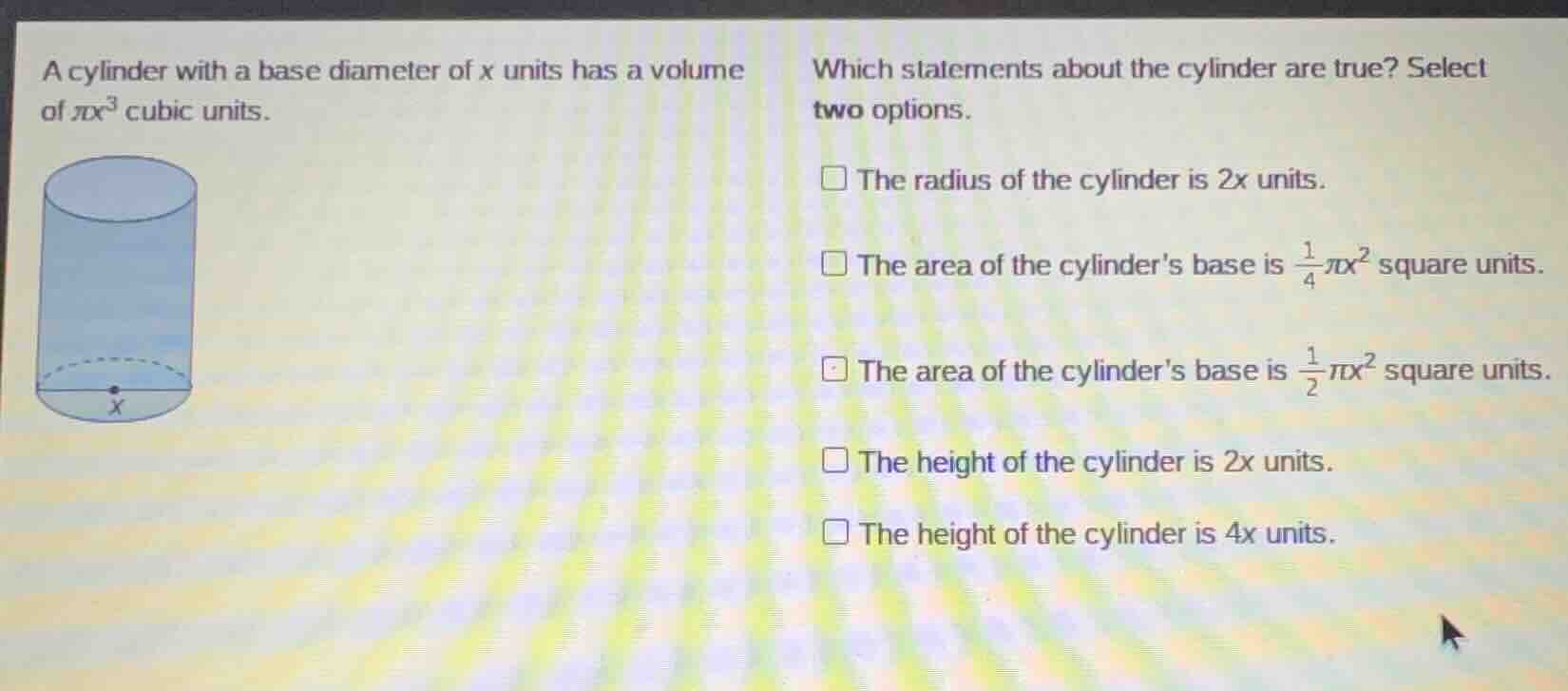 a cylinder with a base diameter of x units has a volume of $\\pi x^3$ c…