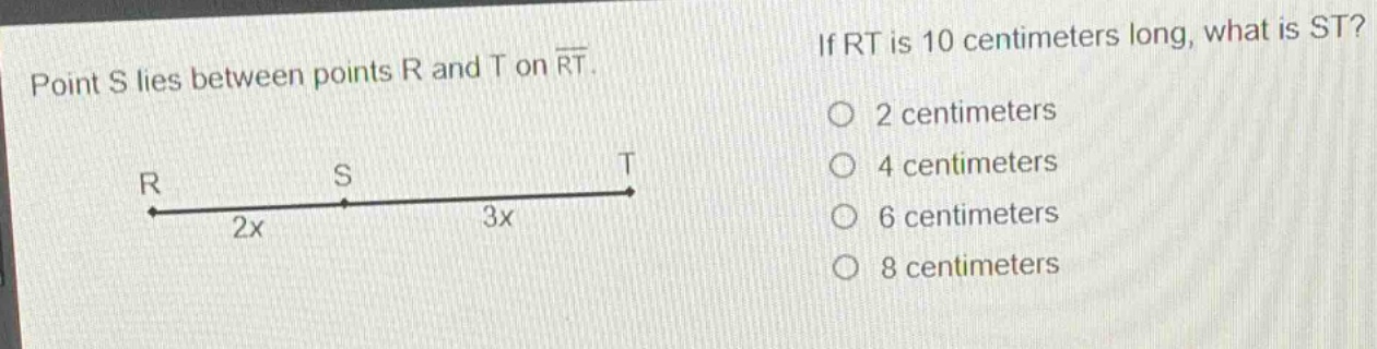 point s lies between points r and t on \\(\\overline{rt}\\). if rt is 1…