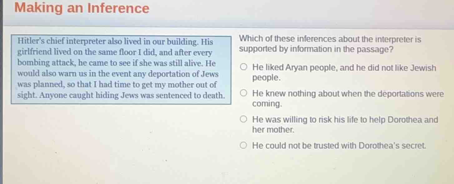 making an inference hitlers chief interpreter also lived in our buildin…