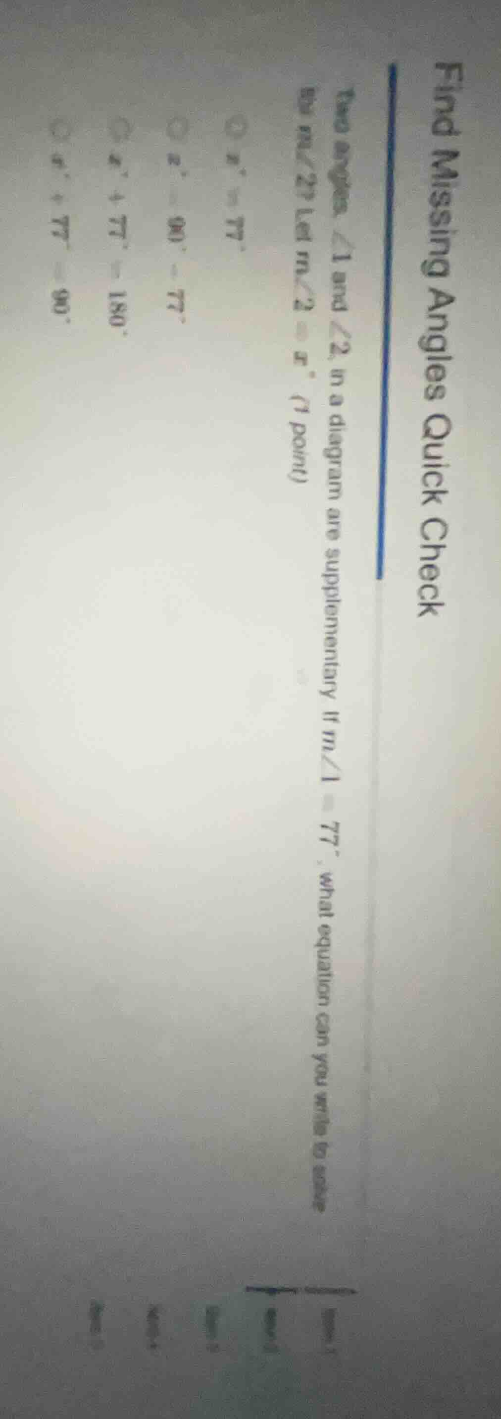 find missing angles quick check two angles ∠1 and ∠2 in a diagram are s…