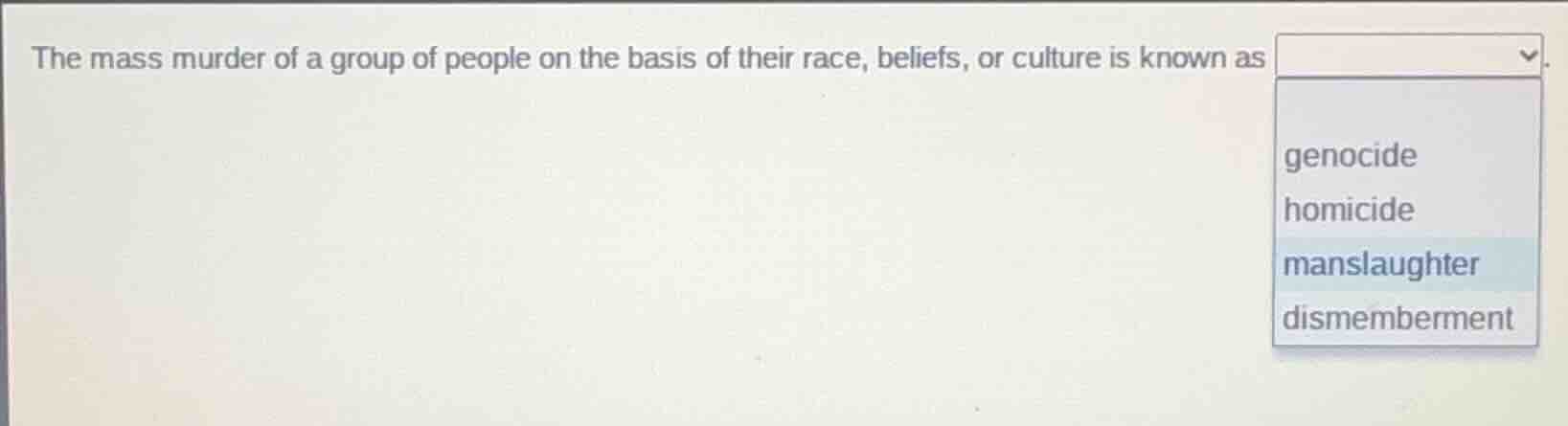 the mass murder of a group of people on the basis of their race, belief…