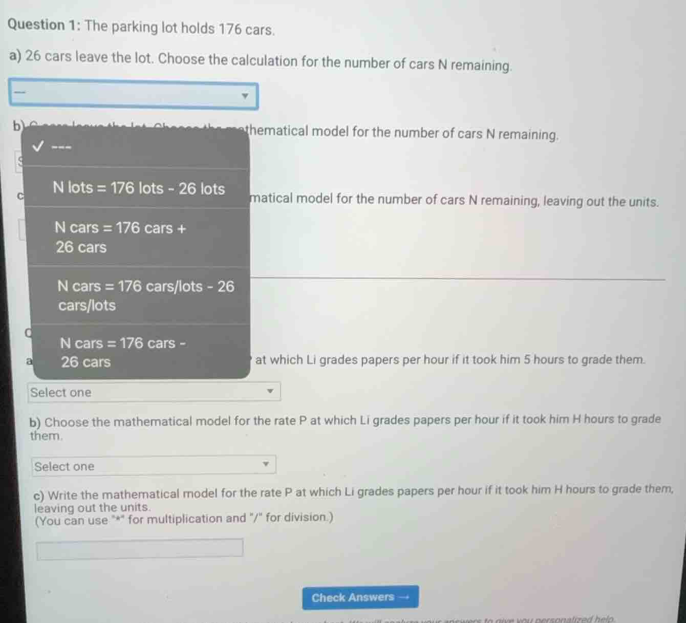 question 1: the parking lot holds 176 cars. a) 26 cars leave the lot. c…