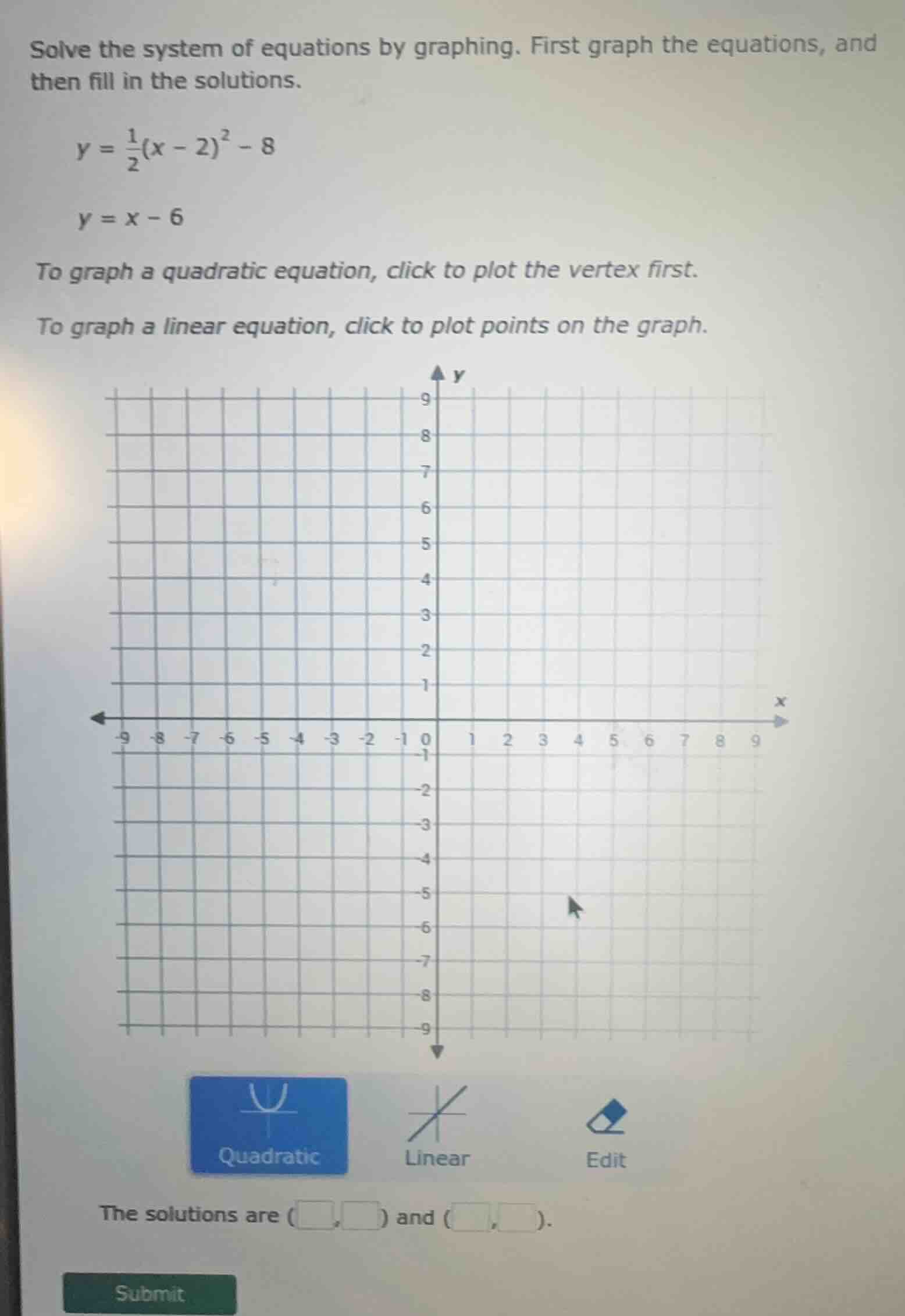 solve the system of equations by graphing. first graph the equations, a…