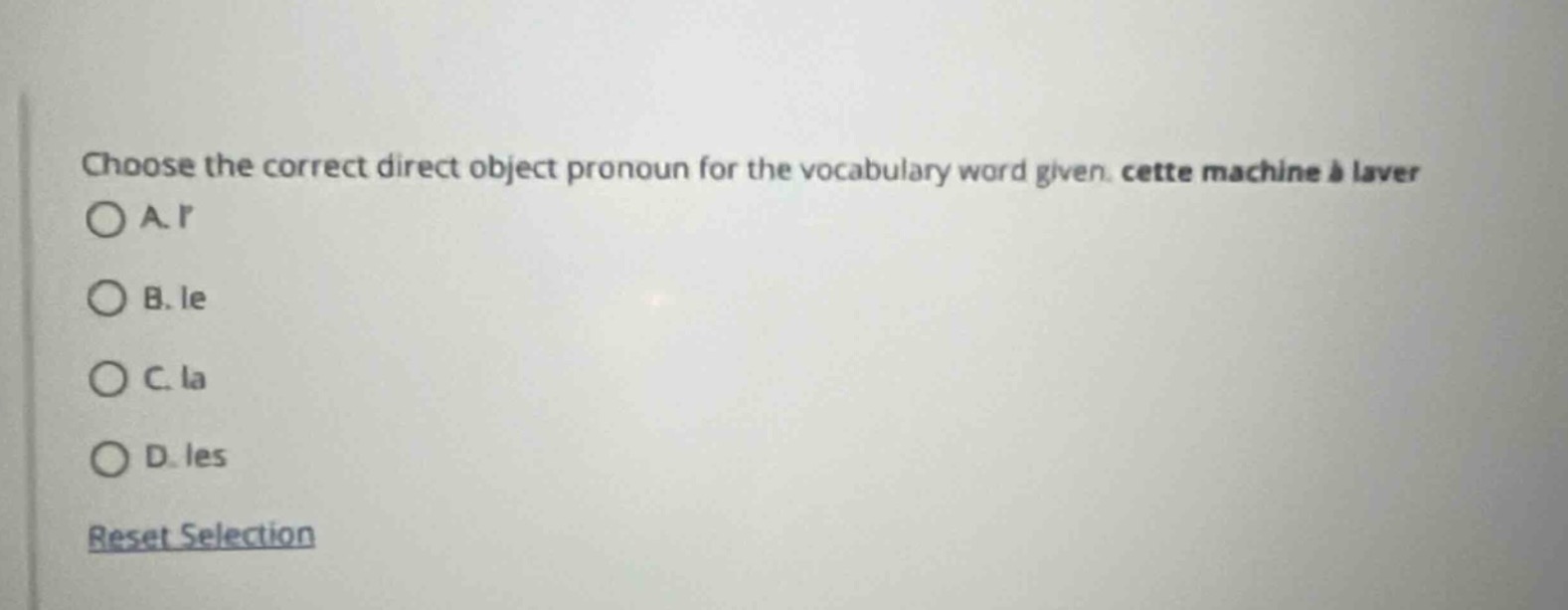 choose the correct direct object pronoun for the vocabulary word given:…