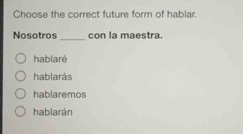 choose the correct future form of hablar. nosotros ____ con la maestra.…