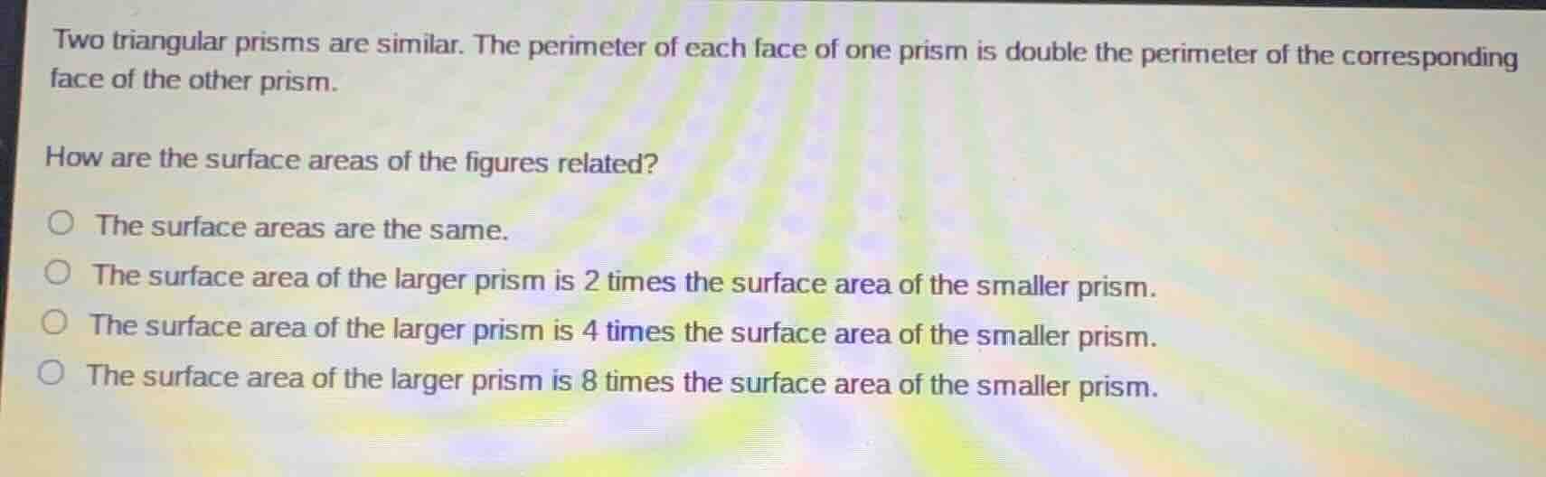 two triangular prisms are similar. the perimeter of each face of one pr…