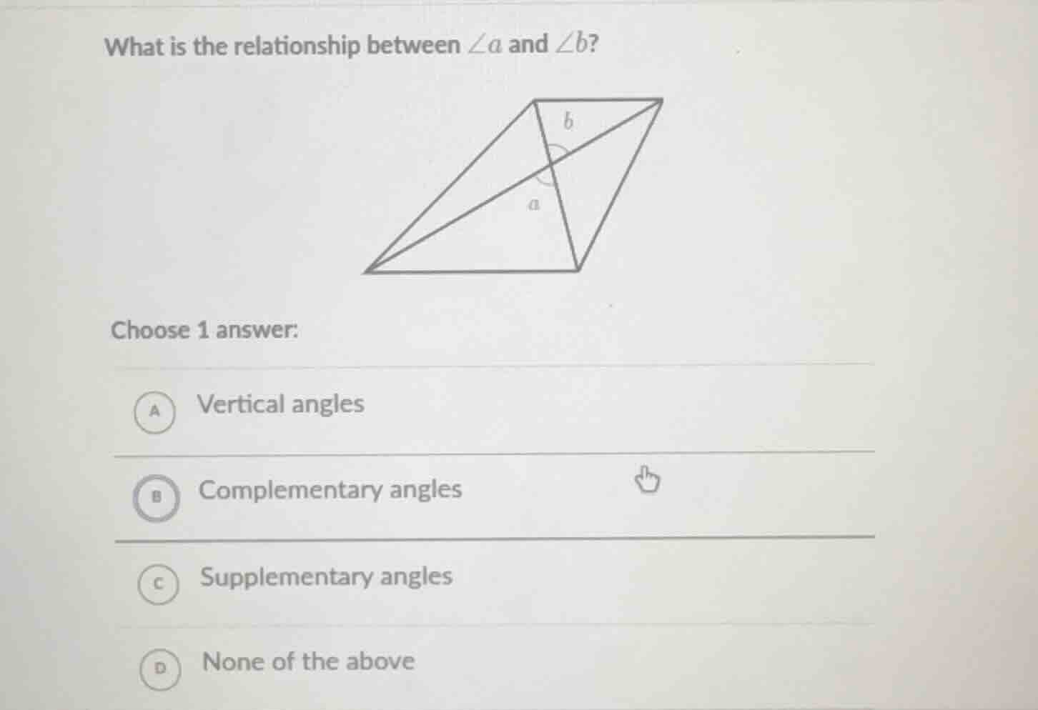 what is the relationship between $\\angle a$ and $\\angle b$? choose 1 …