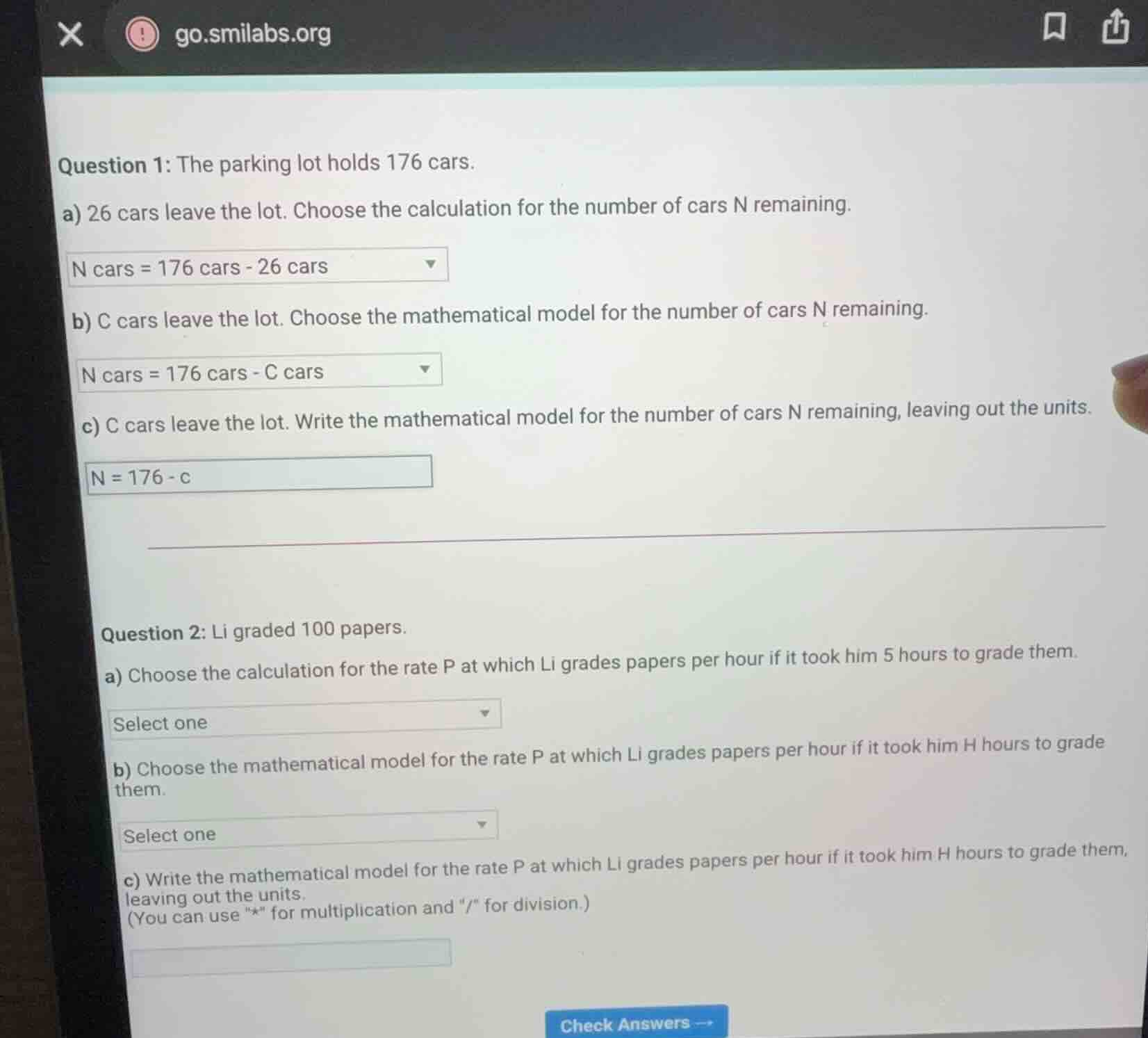 question 1: the parking lot holds 176 cars. a) 26 cars leave the lot. c…
